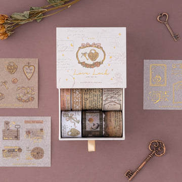 Tsuki Love Lock washi tape set by Notebook Therapy drawer box with 7 rolls of washi tape inside